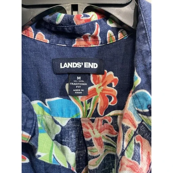Lands End Hawaiian Shirt Mens Size Medium Linen Floral Colorful Resort - Picture 5 of 7